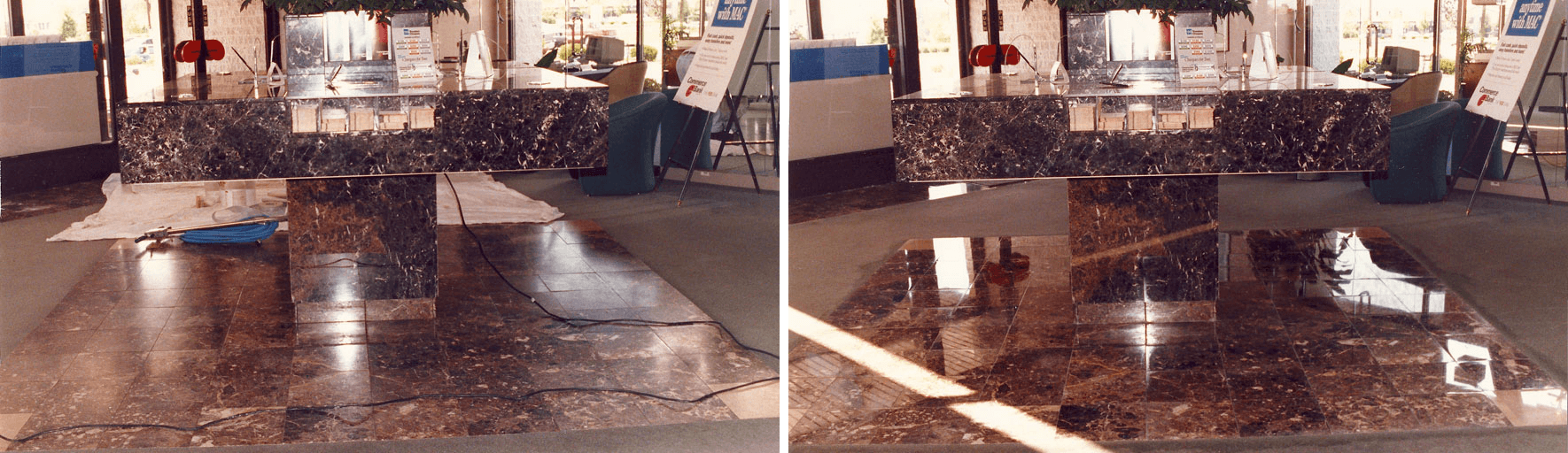 Brown marble makes up this heavily-used counter inside a busy South Jersey bank.