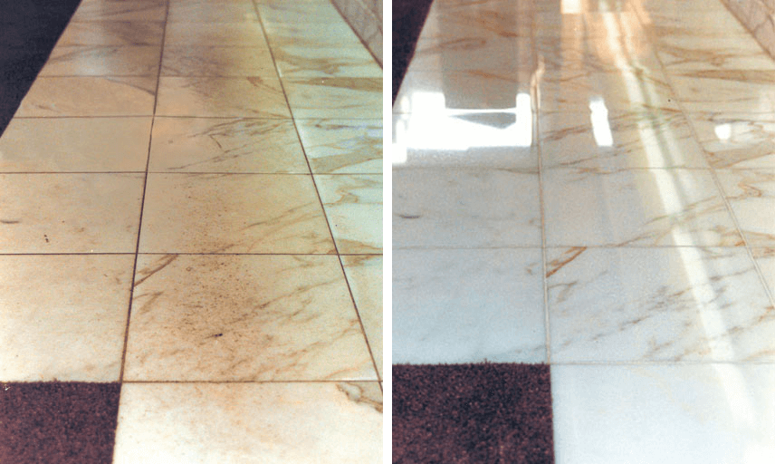 Detail of a badly worn White Carrara marble flooring located in front of a bank teller counter in Southern New Jersey doesn’t even look like the same flooring after being Diamond Refinished and Polished back to its original high shine!