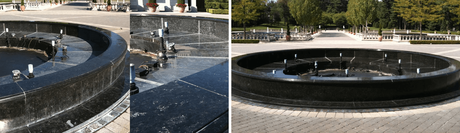 Brown Antique granite fountain located in the rotunda area of a private residence shows etching from hard water and exposure to the elements.